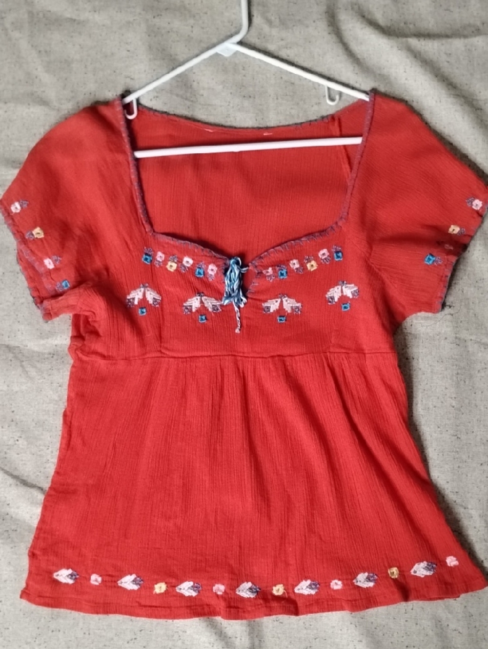 Embroidered Red Boho Square-Neck Top - Picture 2 of 6